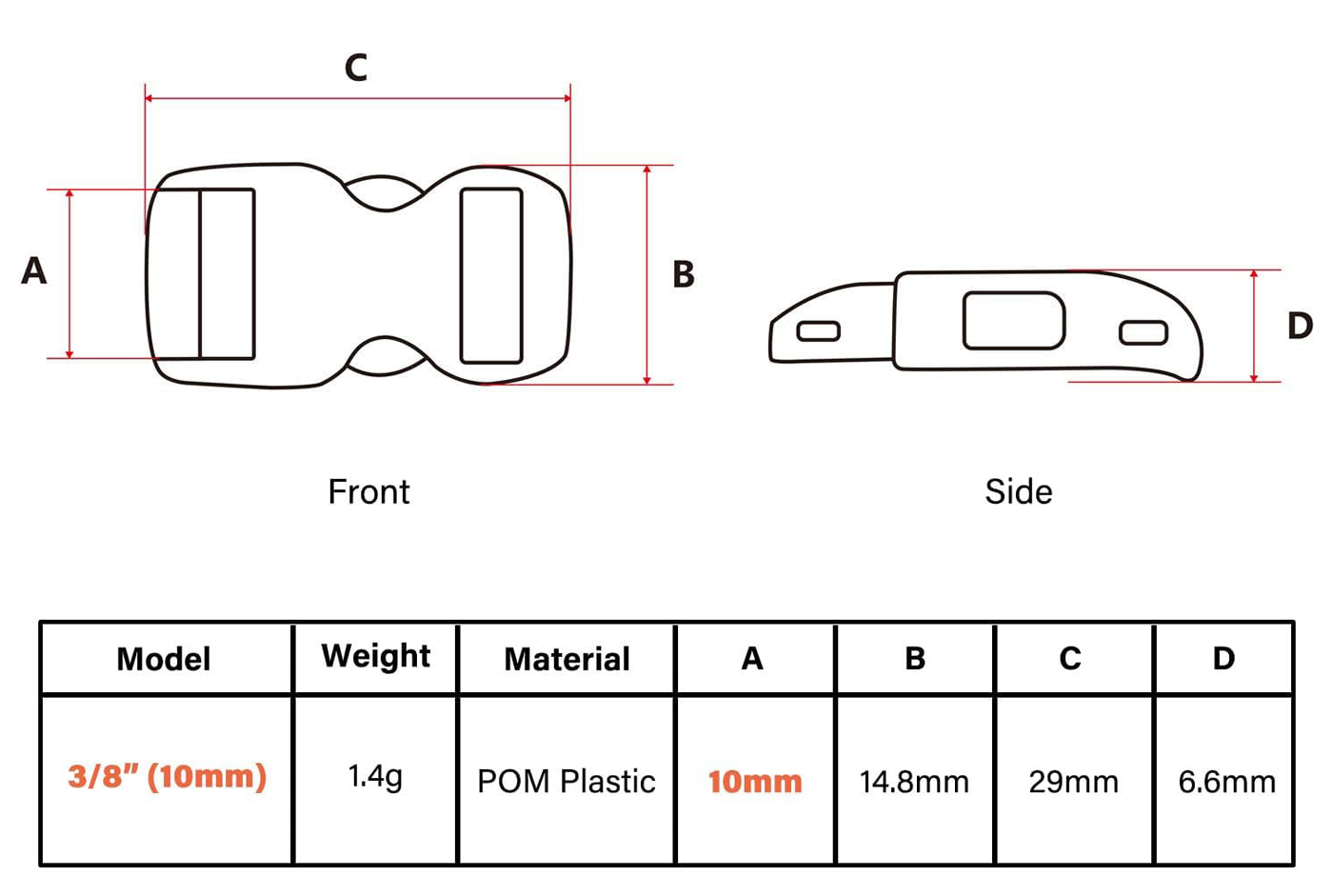 Hebillas de paracord de plástico de liberación lateral de 3/8″ 10 mm